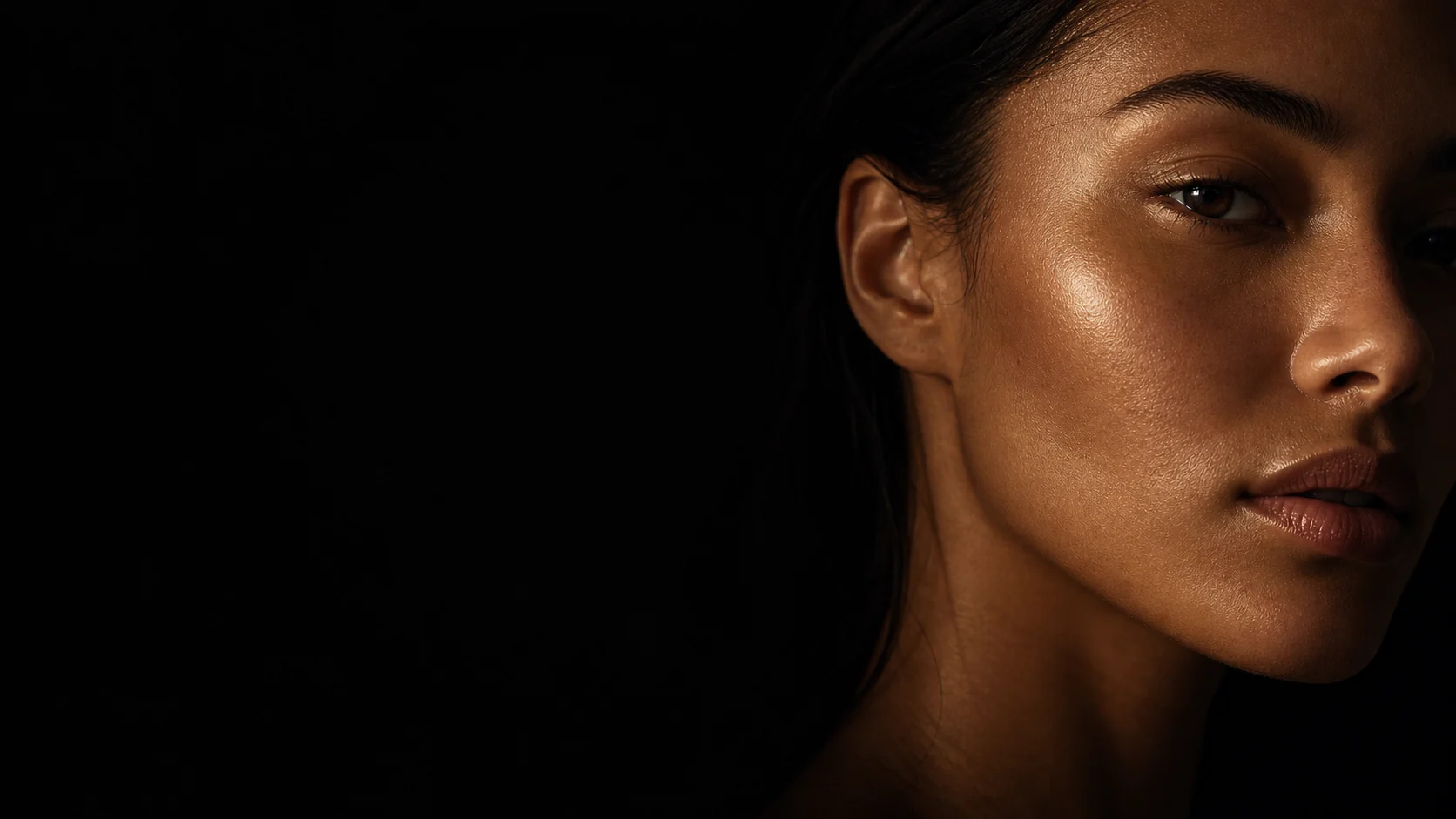 Woman with luminous skin in warm studio light